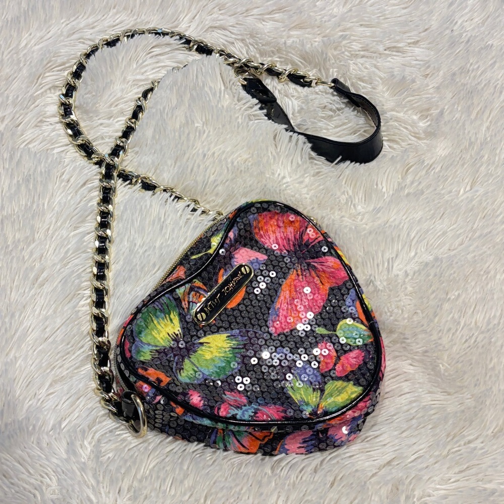 BETSEY JOHNSON Butterfly Heart Shaped Sequin Shoulder Bag Long Strap Small Purse - Picture 11 of 11